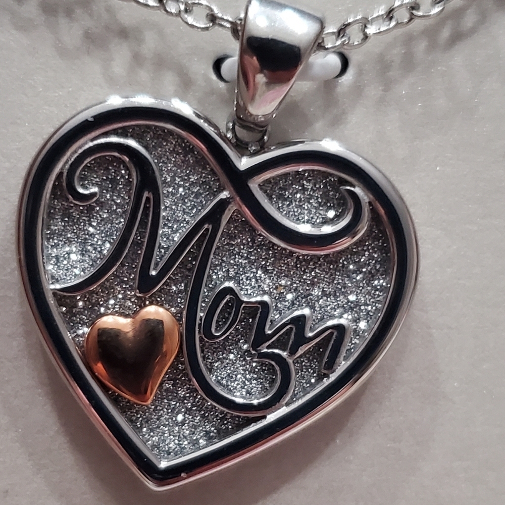 Hallmark Silver and Rose Gold 'Mom' Heart Pendant Necklace